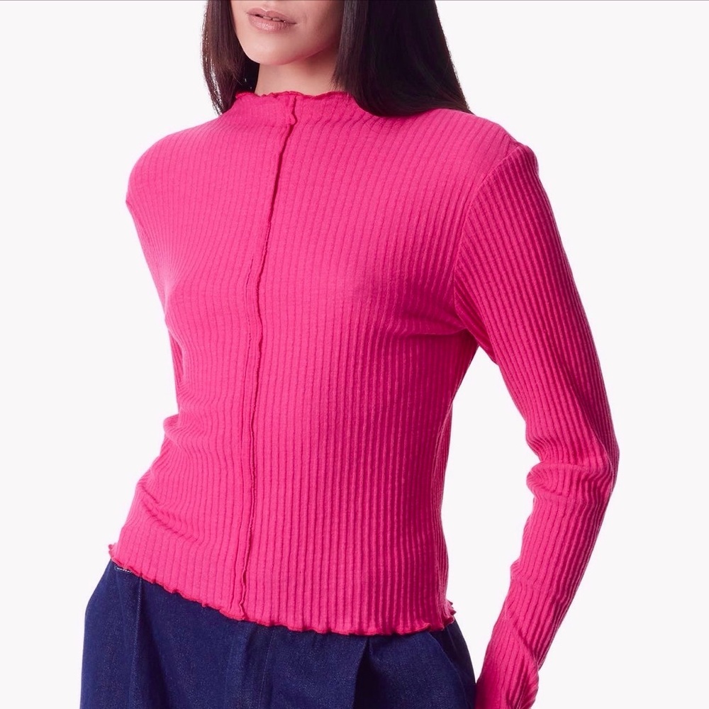 Crewneck Ribbed Long-Sleeve Top - Pink